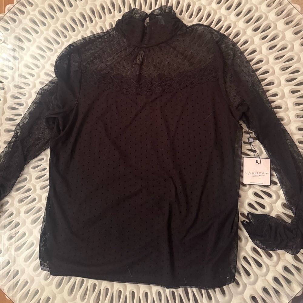 NWT XL Laundry by Shelli Segal Sheer Black Lace Blouse